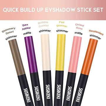 SUSIKEKI 6PCS Eyeshadow Stick + 1PC Double End Eyeshadow Brush Soft Creamy Matte Shimmer Eye Shadow Pencil Crayon High Pigmented Shiny Eyeshadow Pencil Waterproof Classy Eye Shadow Sticks Sets