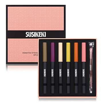 SUSIKEKI 6PCS Eyeshadow Stick + 1PC Double End Eyeshadow Brush Soft Creamy Matte Shimmer Eye Shadow Pencil Crayon High Pigmented Shiny Eyeshadow Pencil Waterproof Classy Eye Shadow Sticks Sets