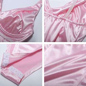 Velius Women's Sexy Deep V Neck Shiny Thong Bodysuit Tank Tops with Underwire (Pink, Small)