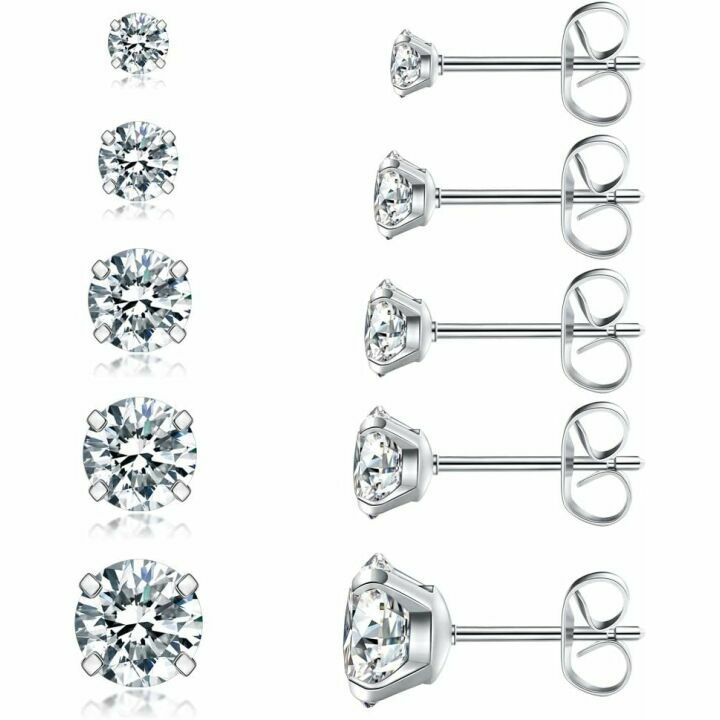 5 Pairs Hypoallergenic CZ Stud Earrings Stainless Steel
