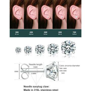 5 Pairs Hypoallergenic CZ Stud Earrings Stainless Steel