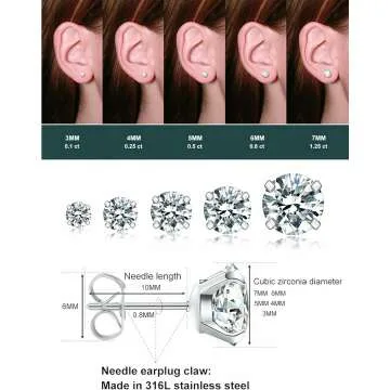 5 Pairs Hypoallergenic CZ Stud Earrings Stainless Steel