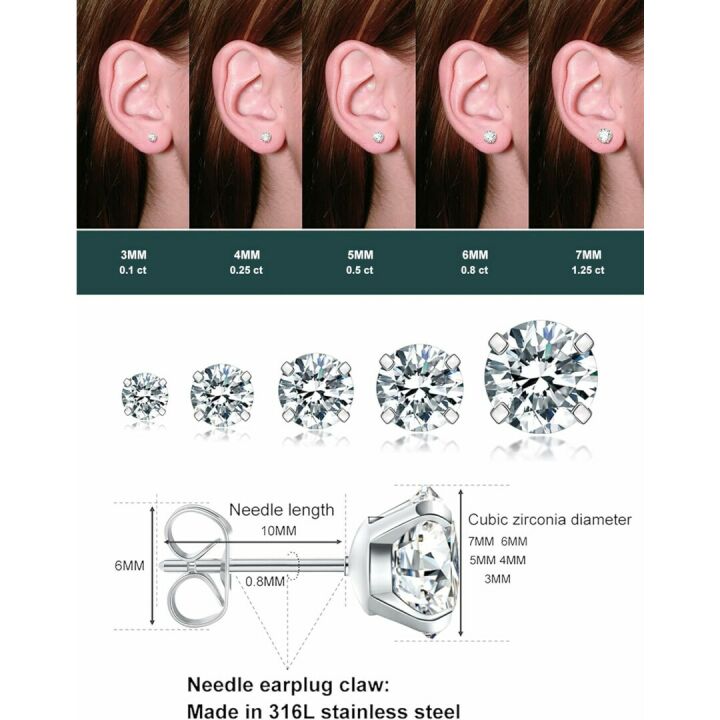 5 Pairs Hypoallergenic CZ Stud Earrings Stainless Steel