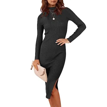 ANRABESS Women Long Sleeve Turtleneck Slim Fit Ribbed Knit Slit Cocktail Party Sweater Midi Dress 20...