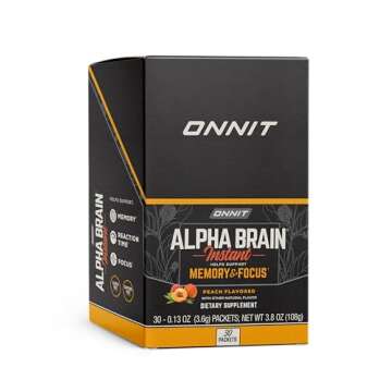 ONNIT Alpha Brain Instant Peach Flavor - Nootropic Brain Booster Memory Supplement - for Focus, Energy & Clarity - Alpha GPC Choline, Cats Claw, L-Theanine, Bacopa - 30ct