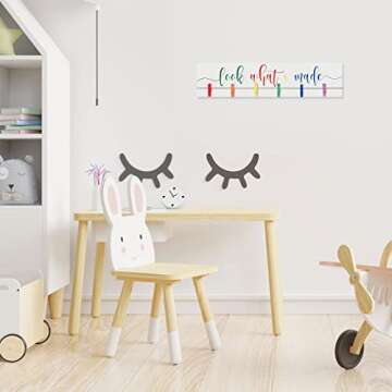 Look What I Made Sign with Clips Kids Artwork Display Signs Kids Art Display for Wall Hanging Kids Artwork Frames Changeable Child Artwork Display Frame Wood Playroom Sign Nursery Playroom Wall Decor