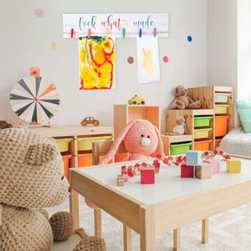 Look What I Made Sign with Clips Kids Artwork Display Signs Kids Art Display for Wall Hanging Kids Artwork Frames Changeable Child Artwork Display Frame Wood Playroom Sign Nursery Playroom Wall Decor