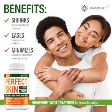 Acne Supplements for Clear Skin with Biotin, Zinc, Vitamin A & Niacin - Acne Pills for Acne Scar Treatment - Cystic Acne Treatment with Probiotics for Gut Health & Glowing Skin - Made in USA - 60 Caps