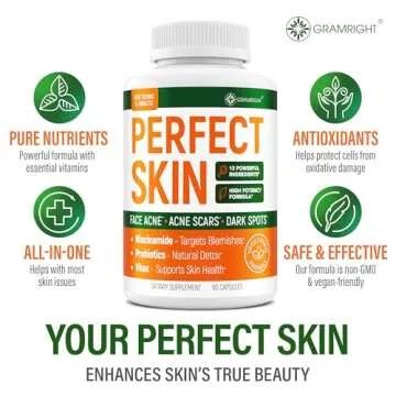 Acne Supplements for Clear Skin with Biotin, Zinc, Vitamin A & Niacin - Acne Pills for Acne Scar Treatment - Cystic Acne Treatment with Probiotics for Gut Health & Glowing Skin - Made in USA - 60 Caps