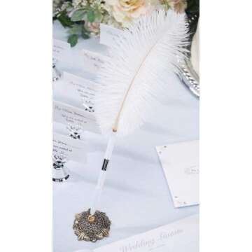 Darice White Feather Pen with Decorative Base Holder – Black Ink Ballpoint Quill Pen with Gold Metal Antique Base – Add an Elegant Touch to Weddings, Special Events and More