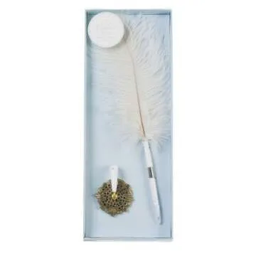 Darice White Feather Pen with Decorative Base Holder – Black Ink Ballpoint Quill Pen with Gold Metal Antique Base – Add an Elegant Touch to Weddings, Special Events and More