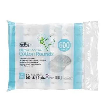 ForPro Premium Stitched Cotton Rounds 600-Count - 100% Pure Cotton Pads for Makeup Removal and Clean...