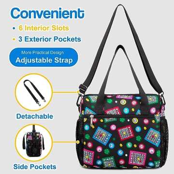 Bingo Bags with Pockets for Bingo Accessories Supplies Large Bingo Tote for Bingo Daubers Bingo Gifts for Women Bingo Lover Water Resistant Bingo Carry Bag with Shoulder Strap Bingo Game Essentials