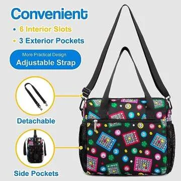 Bingo Bags with Pockets for Bingo Accessories Supplies Large Bingo Tote for Bingo Daubers Bingo Gifts for Women Bingo Lover Water Resistant Bingo Carry Bag with Shoulder Strap Bingo Game Essentials