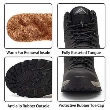 CC-Los Winter Snow Boots for Men Water Resistant Insulated Fur Lined Hiking Work Boots Warm Anti Slip Black Size 9-9.5