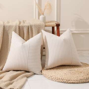 Hckot Khaki and Beige Patchwork Farmhouse Throw Pillow Covers 20 x 20 Inch, Pack of 2 Striped Linen Decorative Pillow Case for Sofa Couch Chair Bedroom Modern Decor (20" x 20", Khaki)