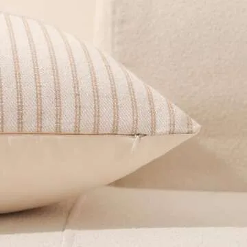 Hckot Khaki and Beige Patchwork Farmhouse Throw Pillow Covers 20 x 20 Inch, Pack of 2 Striped Linen Decorative Pillow Case for Sofa Couch Chair Bedroom Modern Decor (20" x 20", Khaki)