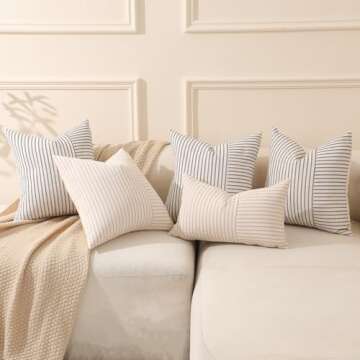 Hckot Khaki and Beige Patchwork Farmhouse Throw Pillow Covers 20 x 20 Inch, Pack of 2 Striped Linen Decorative Pillow Case for Sofa Couch Chair Bedroom Modern Decor (20" x 20", Khaki)