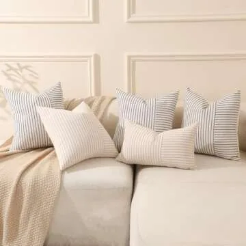 Hckot Khaki and Beige Patchwork Farmhouse Throw Pillow Covers 20 x 20 Inch, Pack of 2 Striped Linen Decorative Pillow Case for Sofa Couch Chair Bedroom Modern Decor (20" x 20", Khaki)