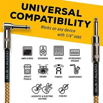 GLS Audio Instrument Cable - Amp Cord for Bass & Electric Guitar - Straight to Right Angle 1/4 Inch Instrument Cable - Brown/Yellow Braided Tweed, 10ft