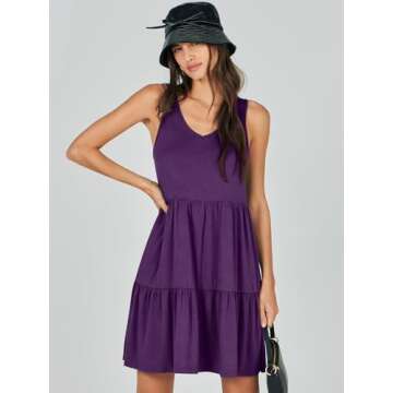 ANRABESS Womens Summer Casual Tank Dress Sleeveless V Neck T Shirt Sundress Flowy Tiered Swing Mini Beach Vacation Dresses Purple X-Large