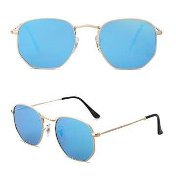 SOJOS Small Square Polarized Sunglasses for Men and Women Polygon Mirrored Lens SJ1072 with Gold Frame/Blue Mirrored Lens