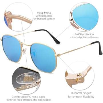 SOJOS Small Square Polarized Sunglasses for Men and Women Polygon Mirrored Lens SJ1072 with Gold Frame/Blue Mirrored Lens