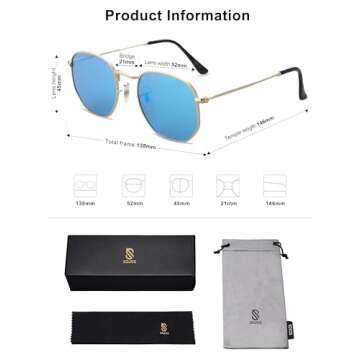 SOJOS Small Square Polarized Sunglasses for Men and Women Polygon Mirrored Lens SJ1072 with Gold Frame/Blue Mirrored Lens
