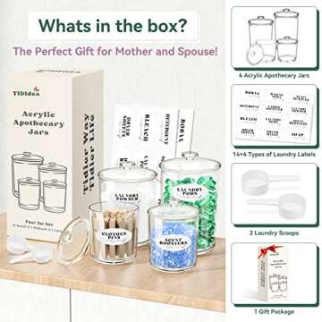 TIDIdea 4 Pack Laundry Container Jars - Premium Acrylic Jars for Laundry Room Organization and Storage Organizing Laundry Pods, Powder, Detergent, Soap,Beads, Laundry Accessories - with Labels&Scoops