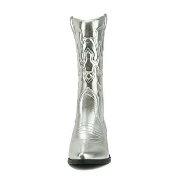 Soda Reno Cowboy Pointed Toe Knee High Boots - Silver Metallic