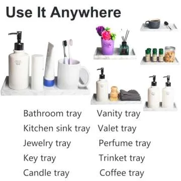 DNC Silicone Bathroom Tray for Counter, 2PC 7.9" Vanity Tray for Countertop, Kitchen Sink Soap Tray for Dish Holder Dispenser Toilet Tank Desk Organizer Marble White