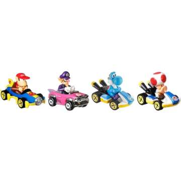 Hot Wheels Mario Kart Toy Vehicle 4-Pack, Collectible Set of 4 Fan-Favorite Characters Includes First-Appearance Diddy Kong in Mach 8