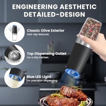 UNNEES Gravity Electric Salt and Pepper Grinder set of 2, Automatic Salt And Pepper Grinder Set, Adjustable Roughness, Battery Powered, LED Light, 2 Pack, (Black)