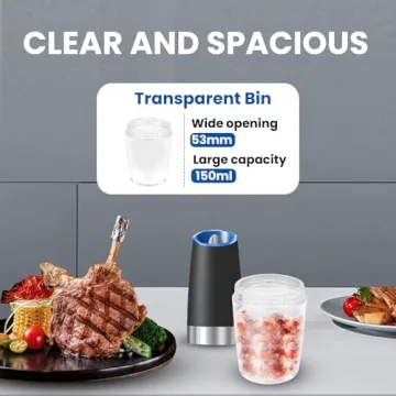 UNNEES Gravity Electric Salt and Pepper Grinder set of 2, Automatic Salt And Pepper Grinder Set, Adjustable Roughness, Battery Powered, LED Light, 2 Pack, (Black)