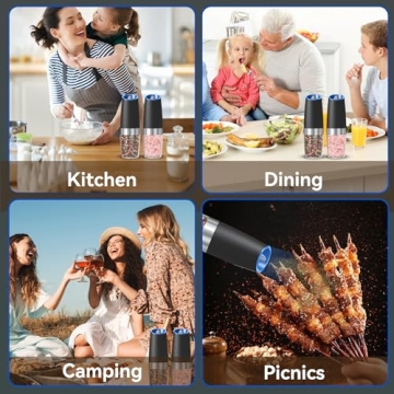 UNNEES Gravity Electric Salt and Pepper Grinder set of 2, Automatic Salt And Pepper Grinder Set, Adjustable Roughness, Battery Powered, LED Light, 2 Pack, (Black)