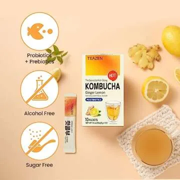 TEAZEN Lemon Ginger Hot Kombucha Tea, Probiotics & Hydration Drink