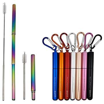 Luxe Hydration Telescopic Metal Straw – Reusable, Portable, Collapsible [Rainbow] Stainless Steel Drinking Straw with Aluminum Key Chain Case and Cleaning Brush for Travel (Rose Gold)