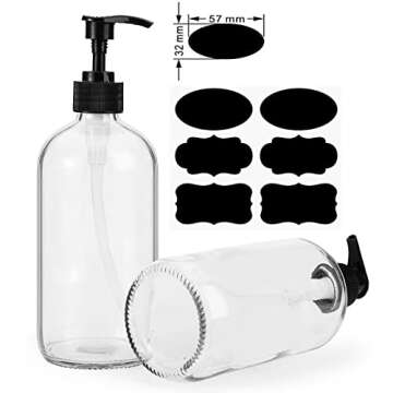 Yarlung 4 Pack 16 Oz Glass Pump Bottles, Clear Refillable Containers Glass Soap Dispenser for Essential Oils, Lotions, Cleaning Products, 4 Black Caps 6 Labels