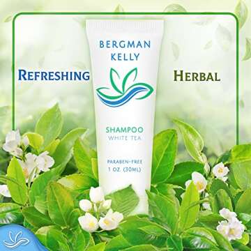 BERGMAN KELLY Travel Size Hotel Shampoo (1 fl oz, 100 PK, White Tea), Delight Your Guests with Revitalizing and Refreshing Shampoo for Guest Hospitality, Mini & Small Size Luxury Shampoo in Bulk