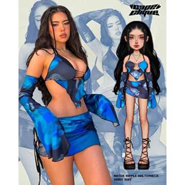 CAPE CLIQUE Women Marble Print Halter Backless Dress Split Long Sleeves Sexy Slim Fit Mini Dress Coo...