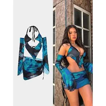 CAPE CLIQUE Women Marble Print Halter Backless Dress Split Long Sleeves Sexy Slim Fit Mini Dress Cool-Street Skirt Suit Blue