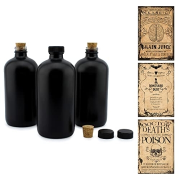 Cornucopia Brands Black 16-Ounce Glass Apothecary Bottles (3-Pack); Boston Round Bottles w/Designer ...