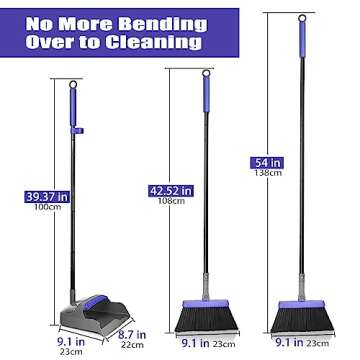 ZUBULUN Broom with Dustpan Combo Set for Home, 54 Inches Long Handle 180 Degree Rotating Brush Indoor Outdoor Kitchen Lobby Dorm Classroom, Small Standing Dust Pan with Comb Teeth (Grey Purple)