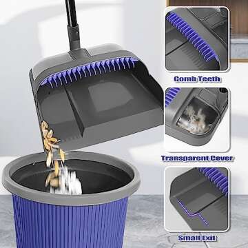 ZUBULUN Broom with Dustpan Combo Set for Home, 54 Inches Long Handle 180 Degree Rotating Brush Indoor Outdoor Kitchen Lobby Dorm Classroom, Small Standing Dust Pan with Comb Teeth (Grey Purple)