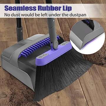 ZUBULUN Broom with Dustpan Combo Set for Home, 54 Inches Long Handle 180 Degree Rotating Brush Indoor Outdoor Kitchen Lobby Dorm Classroom, Small Standing Dust Pan with Comb Teeth (Grey Purple)