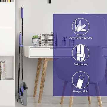 ZUBULUN Broom with Dustpan Combo Set for Home, 54 Inches Long Handle 180 Degree Rotating Brush Indoor Outdoor Kitchen Lobby Dorm Classroom, Small Standing Dust Pan with Comb Teeth (Grey Purple)