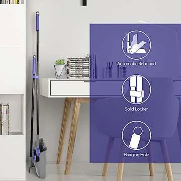 ZUBULUN Broom with Dustpan Combo Set for Home, 54 Inches Long Handle 180 Degree Rotating Brush Indoor Outdoor Kitchen Lobby Dorm Classroom, Small Standing Dust Pan with Comb Teeth (Grey Purple)