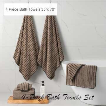 4 Piece Brown Cabana Stripe Large Bath Towels Oversized Bath Sheet Super Soft Breathable Jumbo Bathroom Towels Highly Absorbent Shower Towel Quick Dry Beach Chair Towel Spa Gym Hotel Towel Set