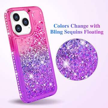 Ruky Case Compatible with iPhone 13 Pro Max, Glitter Flowing Liquid Floating Bling Sparkle Diamond Soft TPU Protective Girls Women Phone Case for iPhone 13 Pro Max 6.7” 2021, Pink Purple