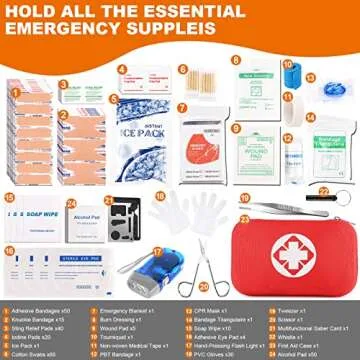 Small First Aid Kit, 300PCS Essential Emergency Trauma Medical Supplies Packed in a Red Waterproof Box, Perfect for Car Home Office Travel Outdoor Camping Hiking (Red)